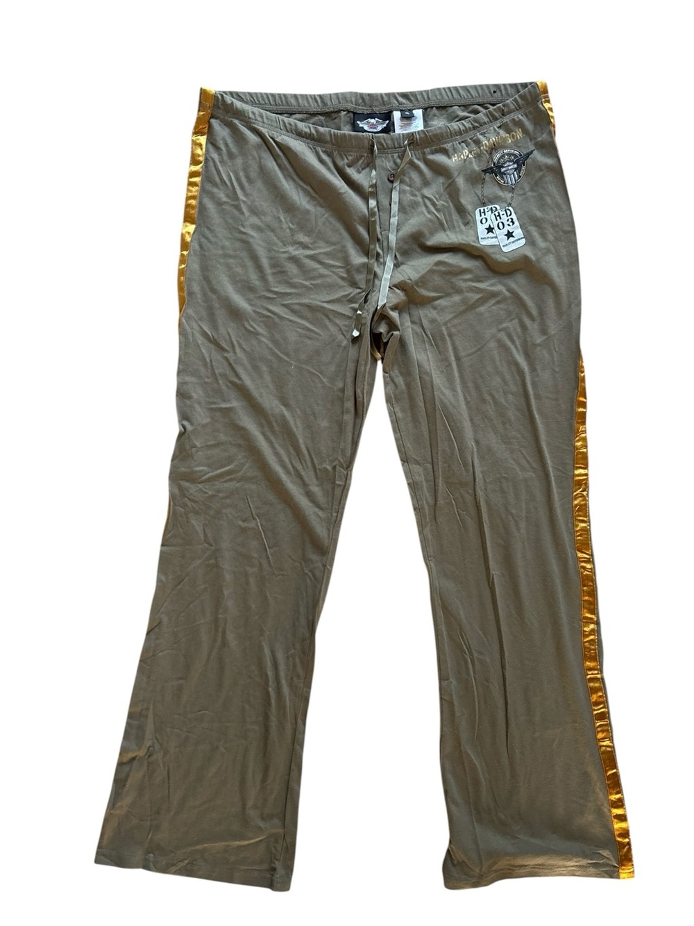 VTG Harley Davidson Lounge Pants Womens XL Olive Flare Wide Leg Sleepwear Cotton